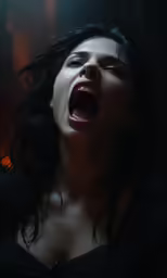 a woman with her mouth open in the dark