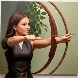 a girl dressed as a woman holding a long arrow