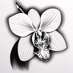 black and white drawing of a flower,a drawing of a flower with leaves and a pen