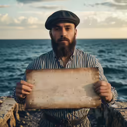 a bearded man in front of the ocean is holding up a paper sign