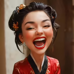 a woman laughing and wearing a kimono