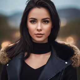 a young beautiful woman in black and jacket with bangs