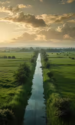 a narrow waterway between a green grassy field and a large plain
