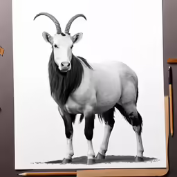 a goat with large horns is standing by itself