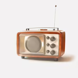 a wooden radio on display in the middle of a white background
