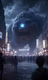 a large giant monster with blue eyes in the middle of a crowded street