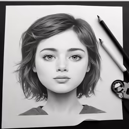 a girl is sitting in front of a sheet of paper with pencil on it