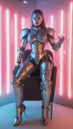 a woman sitting in a chair in front of a wall with pink lights