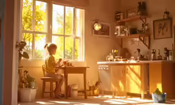 a boy sits at a table on one side of a chair in front of a window