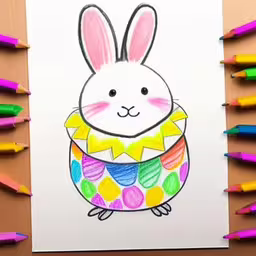 a drawing of an easter bunny holding a bow,a hand drawn easter bunny with colored crayons and other pencils