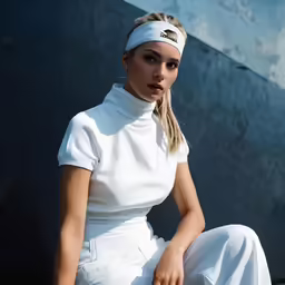 a woman in white outfit sitting on a bench