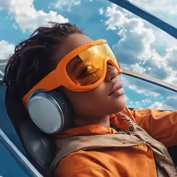 a young girl in an orange jacket wearing headphones