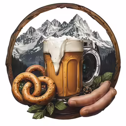 a mug and pretzels are in front of a picture
