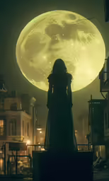 a woman standing in front of the moon at night