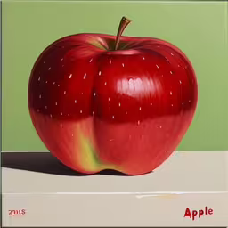 a painting of an apple on a green background,a red apple is shown with white dots on the top of it,an apple painted with acrylic and a brush,the painting is red apple on a shelf,an apple sits on the table with no one around