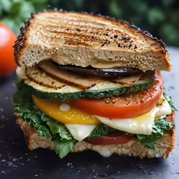 a close up of a sandwich with vegetables on it