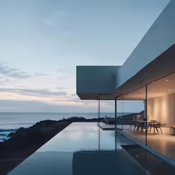 the modern house is beside the ocean with large windows