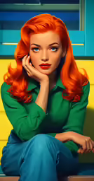 a red haired woman in green shirt with long orange hair sits on a yellow bench