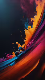 colorful liquid floating over black background, with a yellow red blue and pink substance,colorful water waves on black and orange background
