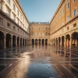 a empty courtyard with some benches and tables