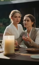 two women sitting at an outdoor table talking