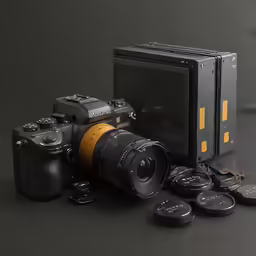 a black camera on a black table with a large set of coin and a box