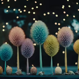 several green and pink tree decorations next to lit candles