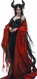 the woman is dressed in black and red