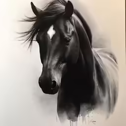 a black horse with manes flowing in the wind