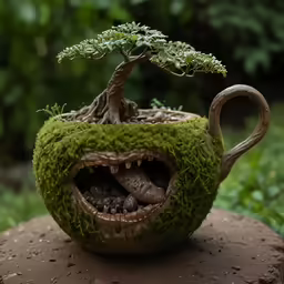 a bonsai tree growing in a cup like planter