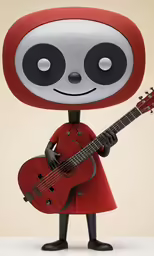 a cartoon character playing guitar and a red outfit