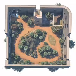 an aerial view of a park with buildings in the background