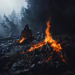 a person sitting next to a fire in the forest