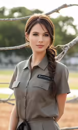 a woman with a braid in front of a fence