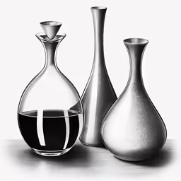 three glass vases are sitting on a table