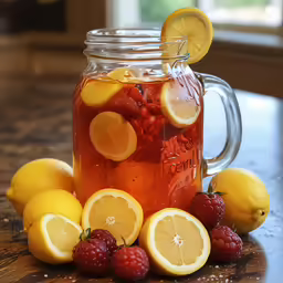 there are fruit and ice in a jar on a table