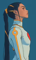 a woman with long hair and ponytail in the background