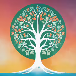 the tree is being shown in this painting,a tree is shown with some birds on it