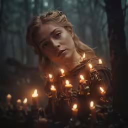 a blonde woman with some candles around her