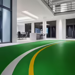 a hallway inside an office with bright green and yellow colors