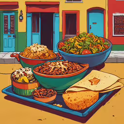a large blue tray filled with lots of food,various bowls and food items sit on a tray