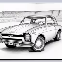 the car is in the middle of a drawing,an old fashion car with a flat top on the road