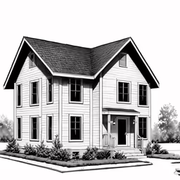 a white house with black windows, a large front yard and landscaping