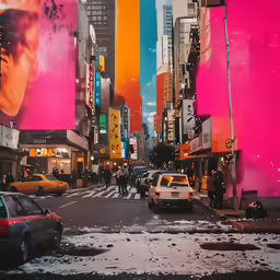 a street is shown with lots of billboards