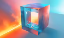 an abstract glass cube stands in front of bright rainbow lighting