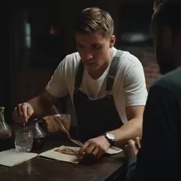 the two young men are preparing food on a table