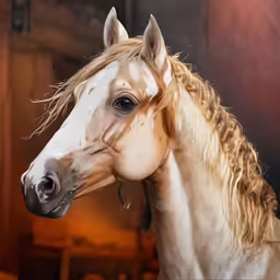 a white horse with blonde mane is looking into the distance