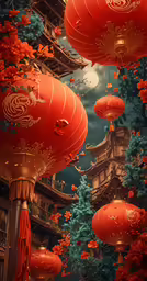 lanterns flying into the air over red trees and flowers