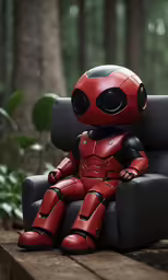a robot sitting on a couch in the forest