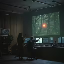 a man and a woman in front of a big screen